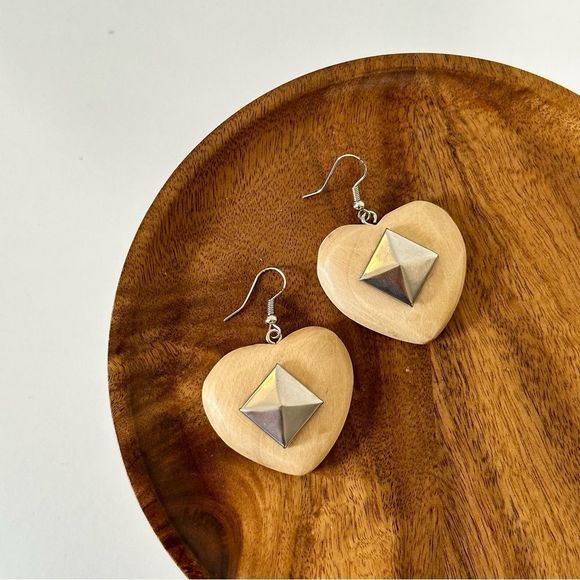 Jewelry - 4/$15 Heart Shaped Wood Diamond Studs Drop Earrings